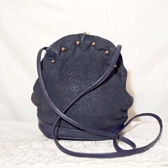 Vintage Jacolini Genuine Leather Navy Blue Bucket Crossbody Gold Hardware - Picture 1 of 12